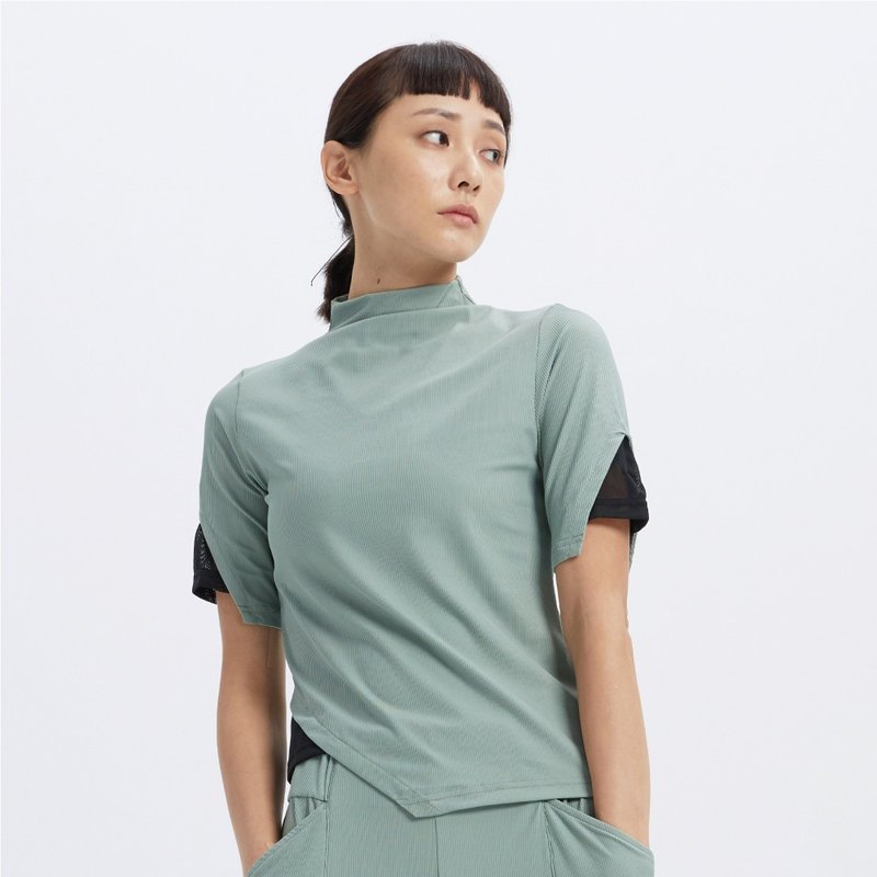 URBAN - 高領五分袖上衣-灰綠 - 女 T 恤 - 聚酯纖維 綠色
