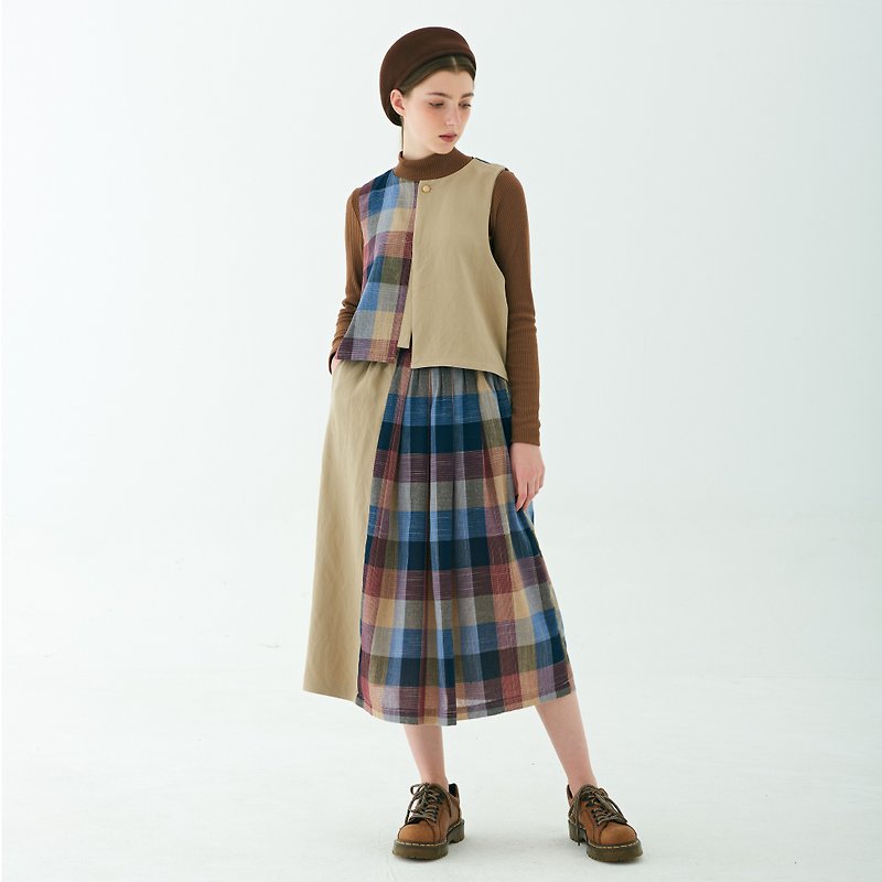 MIKETEA BROWN PURPLE KHAKI APRICOT PLAID COTTON SOFT  MOSAIC COAT VEST - เสื้อกั๊กผู้หญิง - ผ้าฝ้าย/ผ้าลินิน สีกากี