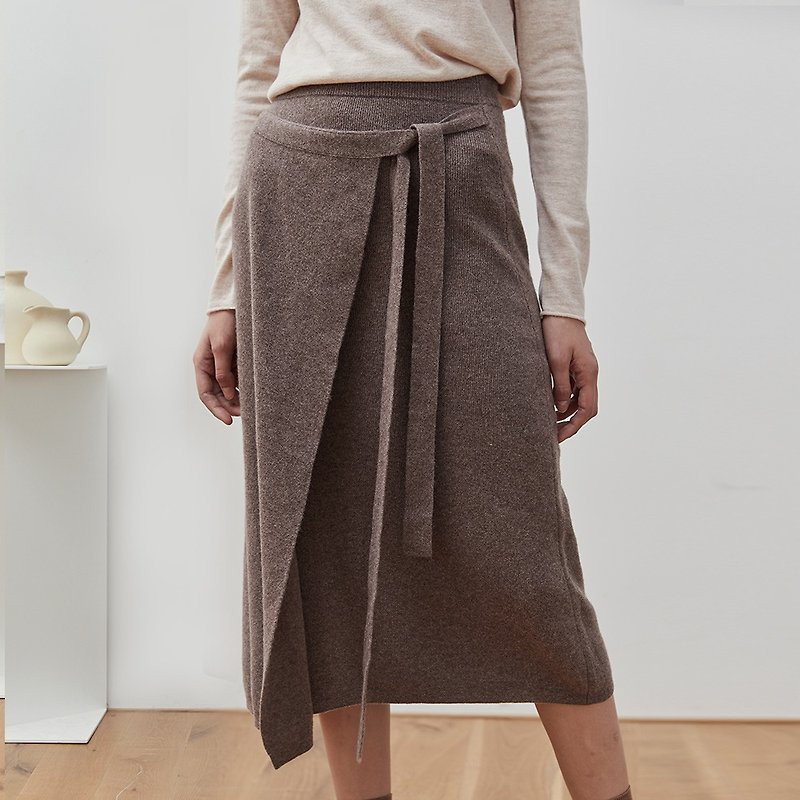 DING brown full wool over the knee knit skirt irregular lace with plain loose design skirt - Skirts - Wool Brown