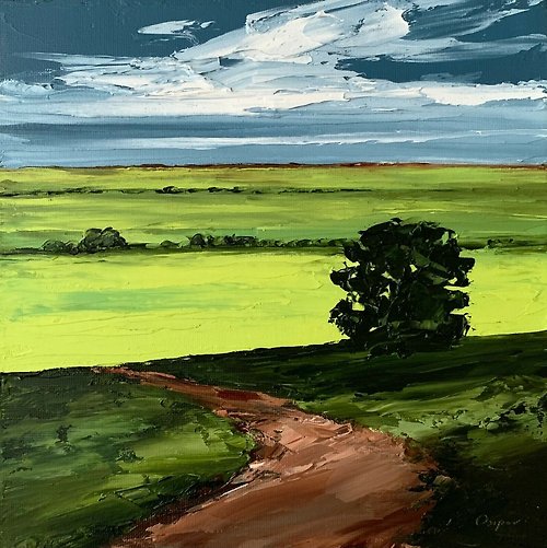 OsipovArtStudio Original Green Field Landscape Canvas Oil Painting Stormy Landscape Impasto Art