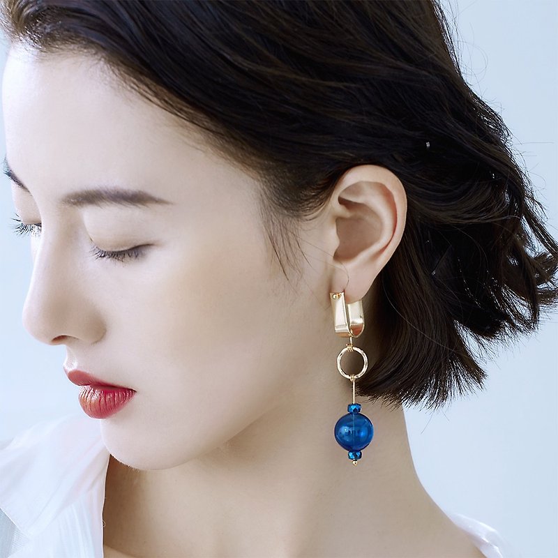 原創設計透明玻璃球泡泡U型耳環耳夾長款克萊因藍墨綠超仙女 - 耳環/耳夾 - 玻璃 藍色