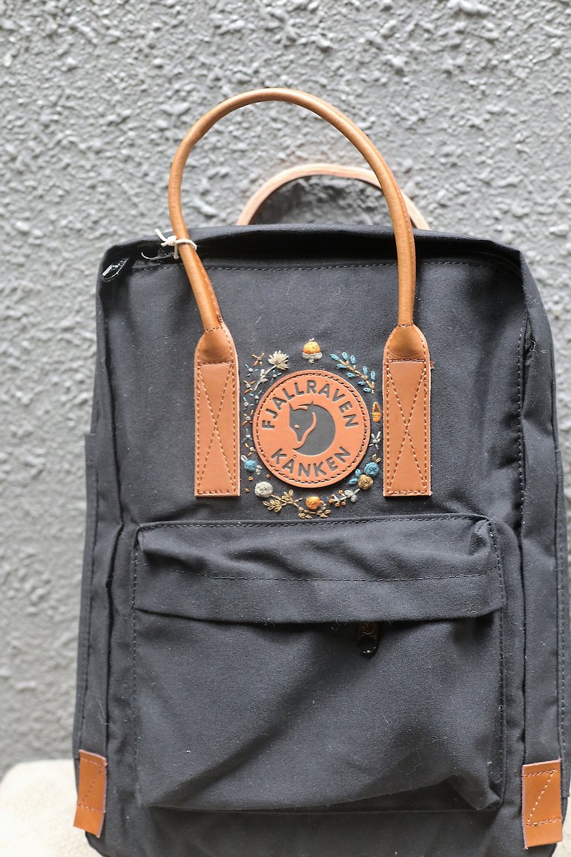 Customized gift-winter forest theme--kanken black bag--handmade embroidery design custom - กระเป๋าเป้สะพายหลัง - วัสดุกันนำ้ สีดำ