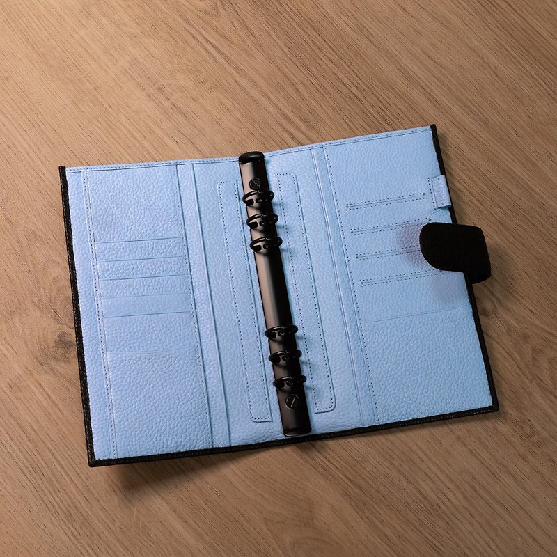 A5 Slim 6-hole leather loose-leaf notebook | notebook | universal manual - black sapphire blue - Notebooks & Journals - Genuine Leather Blue