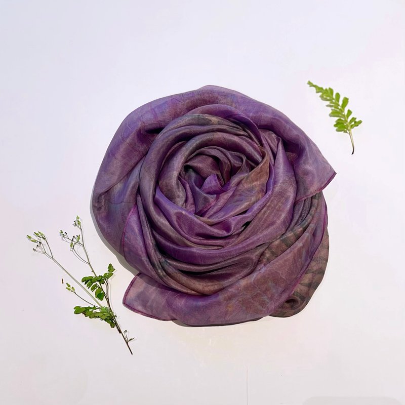 Floral and Leaf Transfer Printed Long Silk Scarf - Aubergine - ผ้าพันคอ - ผ้าไหม สีม่วง