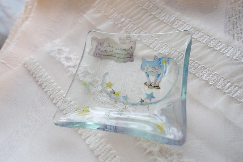 飾りガラス小皿 〜 猫のエミリー・星のダンス - 碟子/醬料碟 - 玻璃 