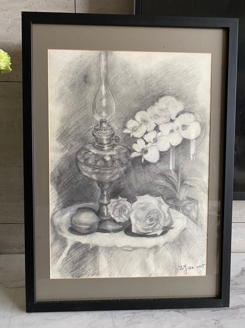 靜謐之光 - 鉛筆素描原作 含裱框 靜物藝術畫 - 海報/掛畫/掛布 - 紙 