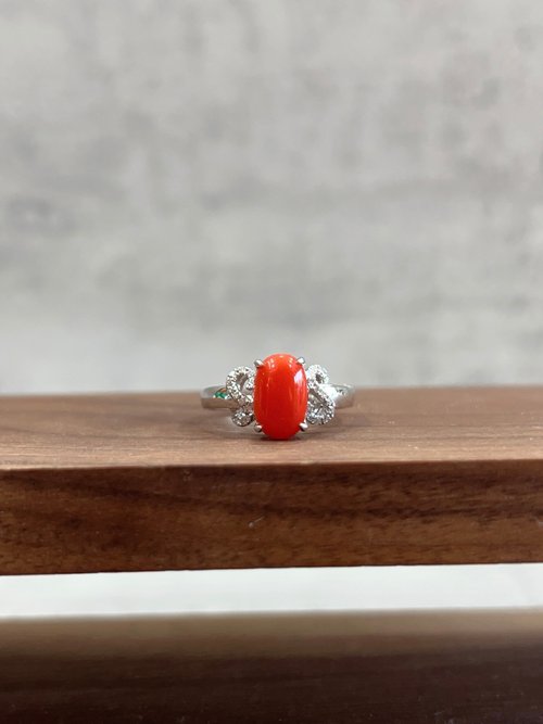 Juno Jewelry 嘉龍珠寶 天然珊瑚鑽石戒指 阿卡紅珊瑚 南非鑽 白K金 14K K585
