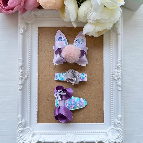 Reika&Bella手作髮飾 兒童小孩女孩兔子造型蝴蝶結水滴夾髮夾組-藍紫貝殼
