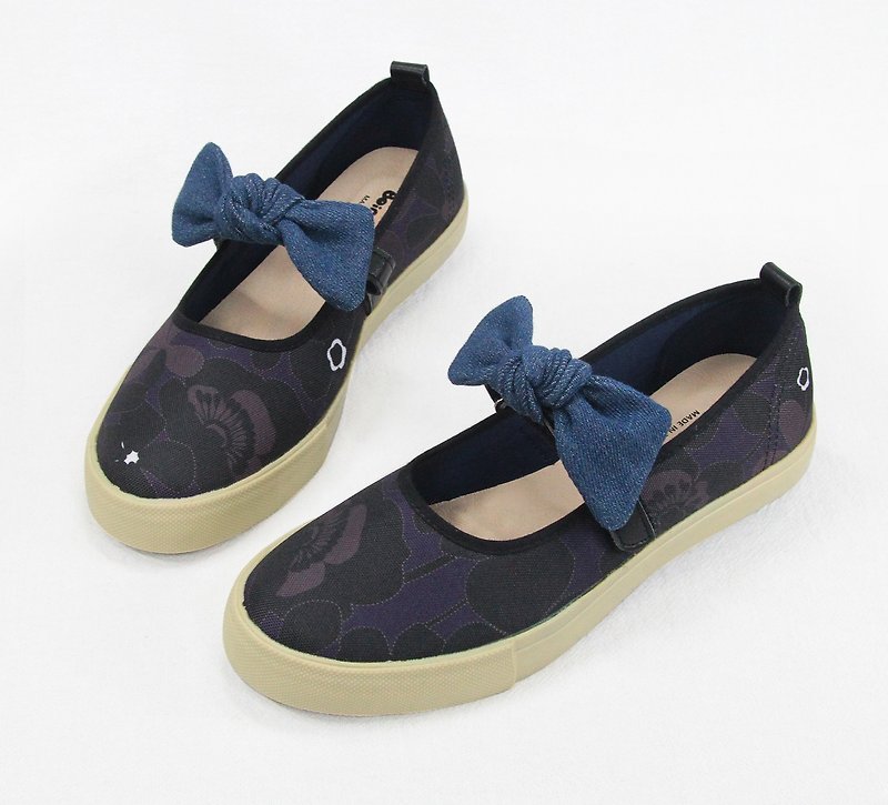 Big girl poppies doll casual shoes - dark blue / big bow women's shoes - Women's Casual Shoes - Cotton & Hemp Blue
