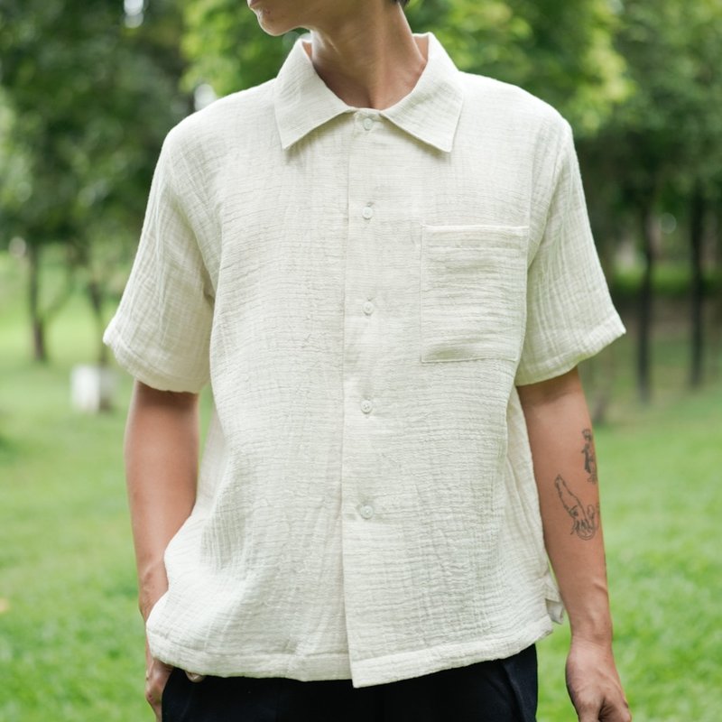 Beige Sol Shirt Hawaiian shirt, natural cotton fabric, wrinkled (sol - 男襯衫/休閒襯衫 - 棉．麻 白色