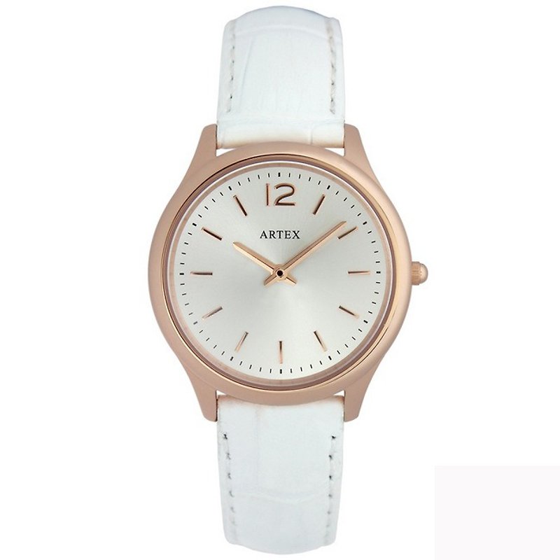 【即將完售5折】ARTEX 5605真皮手錶-白/玫瑰金33mm - 女裝錶 - 真皮 白色