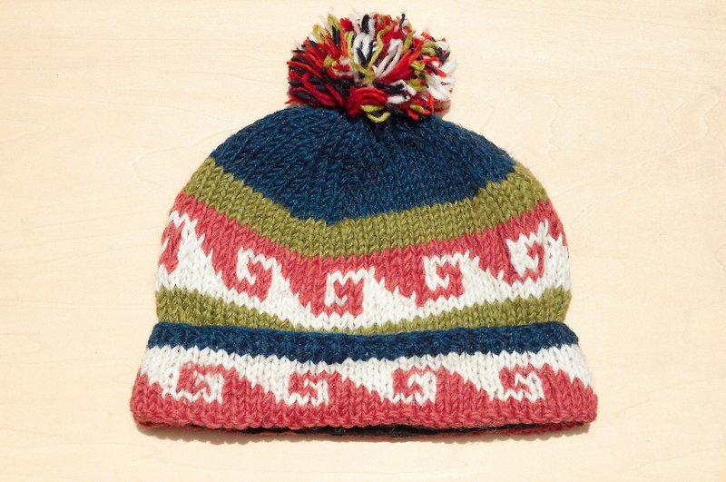 Christmas gift hand-knitted pure wool hat / knitted hat / knitted wool hat / inner brush hand knitted wool hat / woolen hat-forest color Eastern European style geometric pattern (manual limited one) - หมวก - ขนแกะ หลากหลายสี