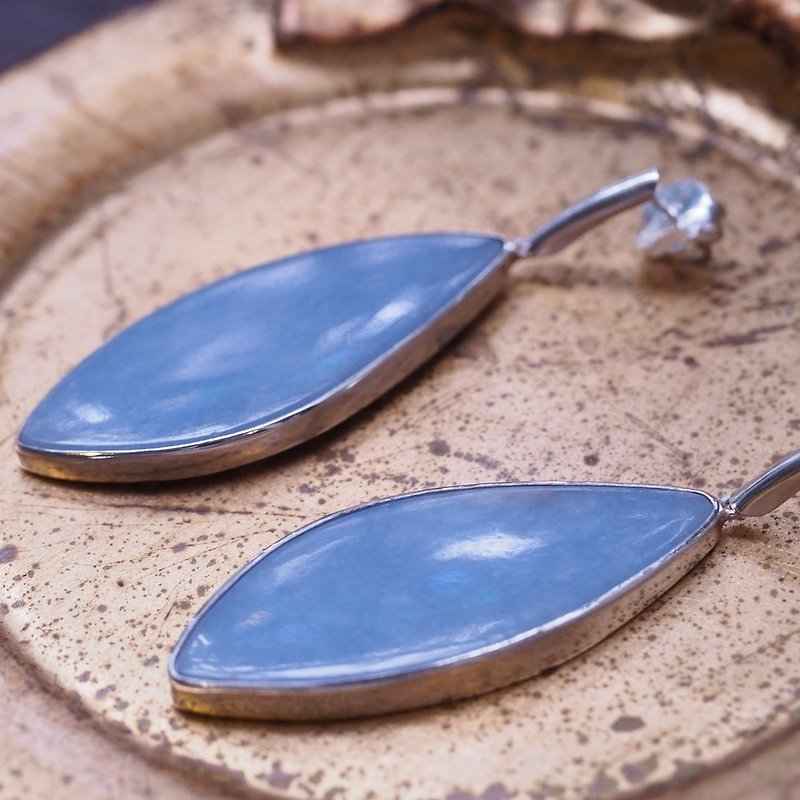 天使石 硬石膏 大顆 純銀 手工耳環 Angelite earrings - 耳環/耳夾 - 半寶石 藍色