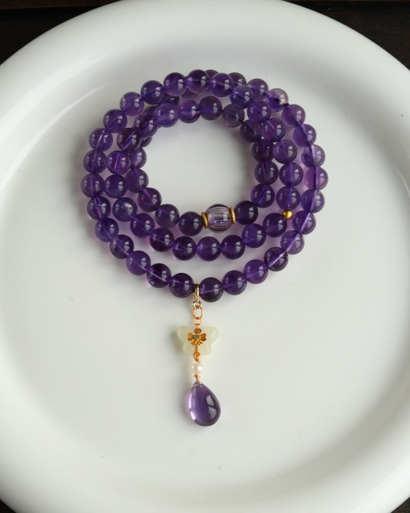 天然原礦紫水晶 鎏金和田玉蝴蝶紫水晶水滴設計多圈手串手持項鍊s - 手鍊/手環 - 水晶 紫色