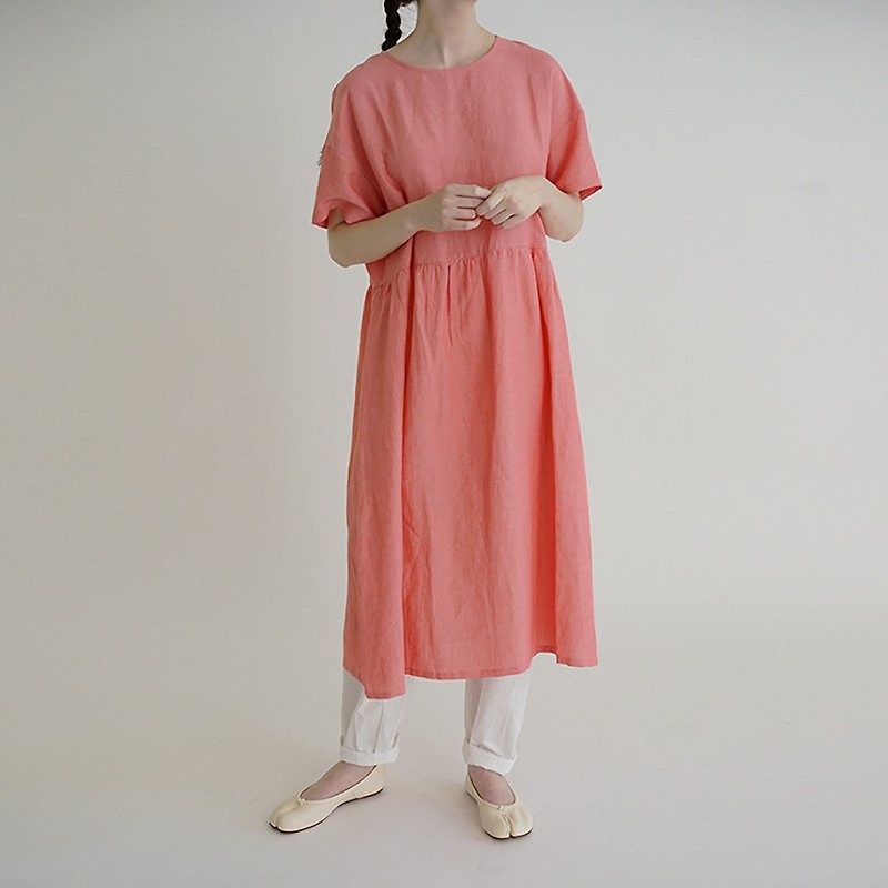 【Pinkoi ONLY】Pink Linen Dress - ชุดเดรส - ผ้าฝ้าย/ผ้าลินิน สึชมพู