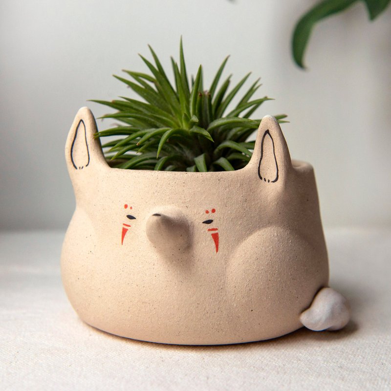 Chubby cheeks Tribal White Fox Planter. Handmade plant pot with drainage. - Pottery & Ceramics - Pottery 