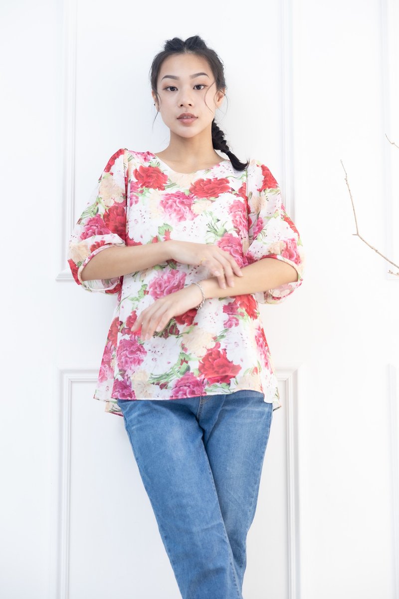 滿版粉.紅.橘.白花材.綠葉七分袖上衣 - 女上衣/長袖上衣 - 其他材質 多色