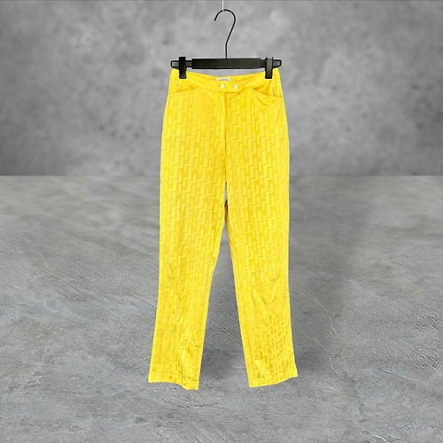 蘿綺莉蕾芭索 黃色 亮面織紋 輕薄 高彈性 拼接 口袋 高腰 25 長褲 PF505