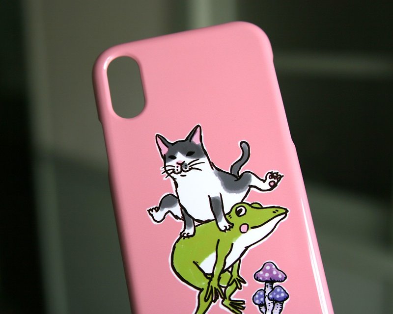 iPhone case Cat and blue frog jump pink - เคส/ซองมือถือ - พลาสติก สึชมพู