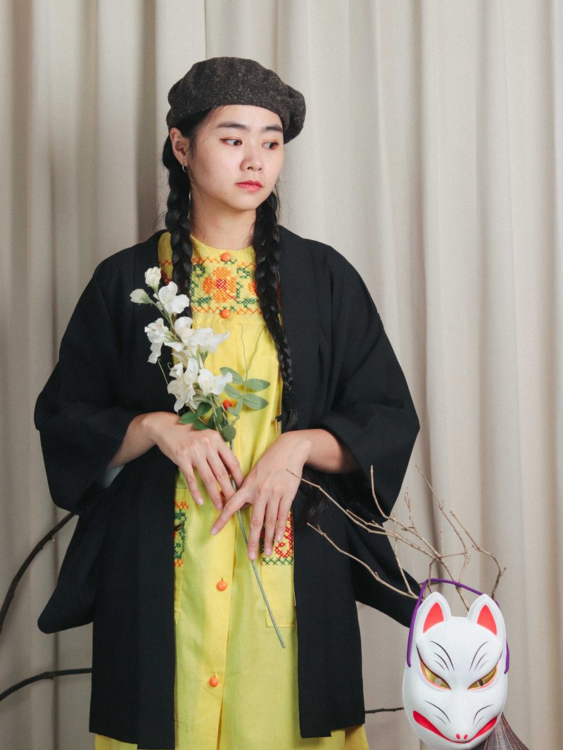 Tsubasa.Y│古著日本羽織A07 河流 黑色 和服 外罩 羽織 外套 - 男夾克/外套 - 其他材質 黑色