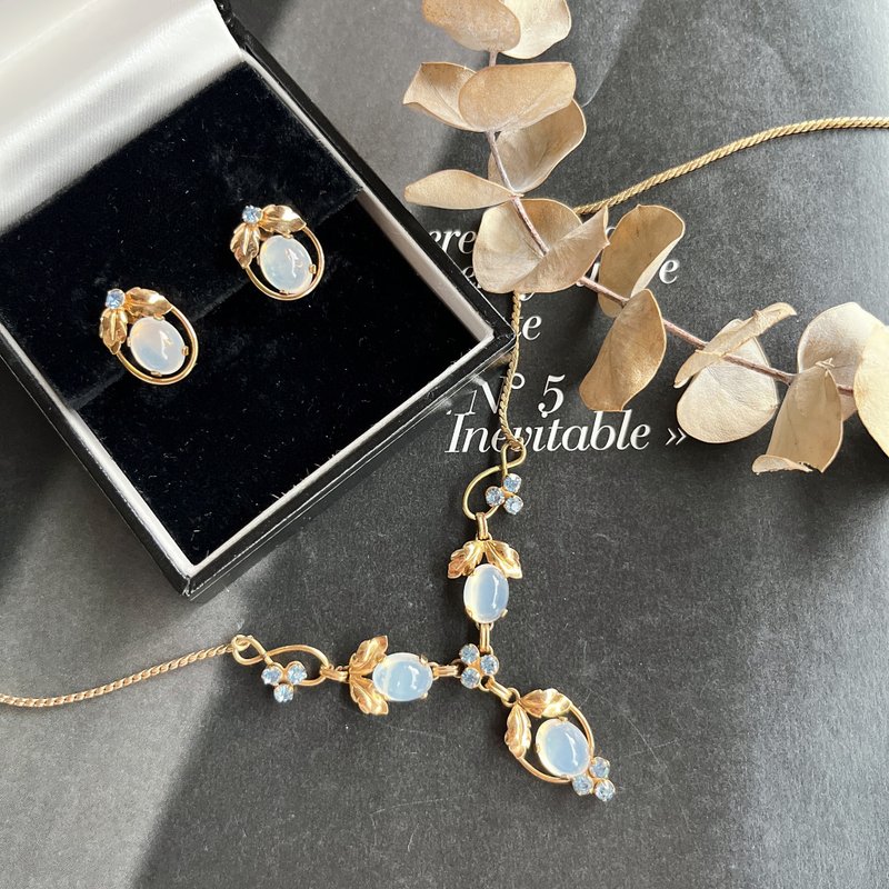 [Van Dell Blue Fruit Gold Leaf Moonstone 12K Gold Filled Earring Necklace Set] Vintage USA - Collar Necklaces - Other Metals 