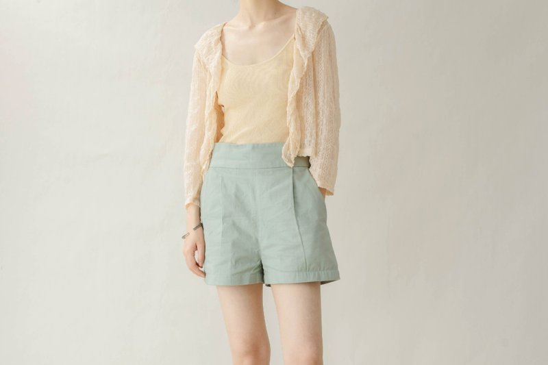 French retro girl summer fresh mint green mid-waist cotton shorts - กางเกงขาสั้น - ผ้าฝ้าย/ผ้าลินิน สีเขียว