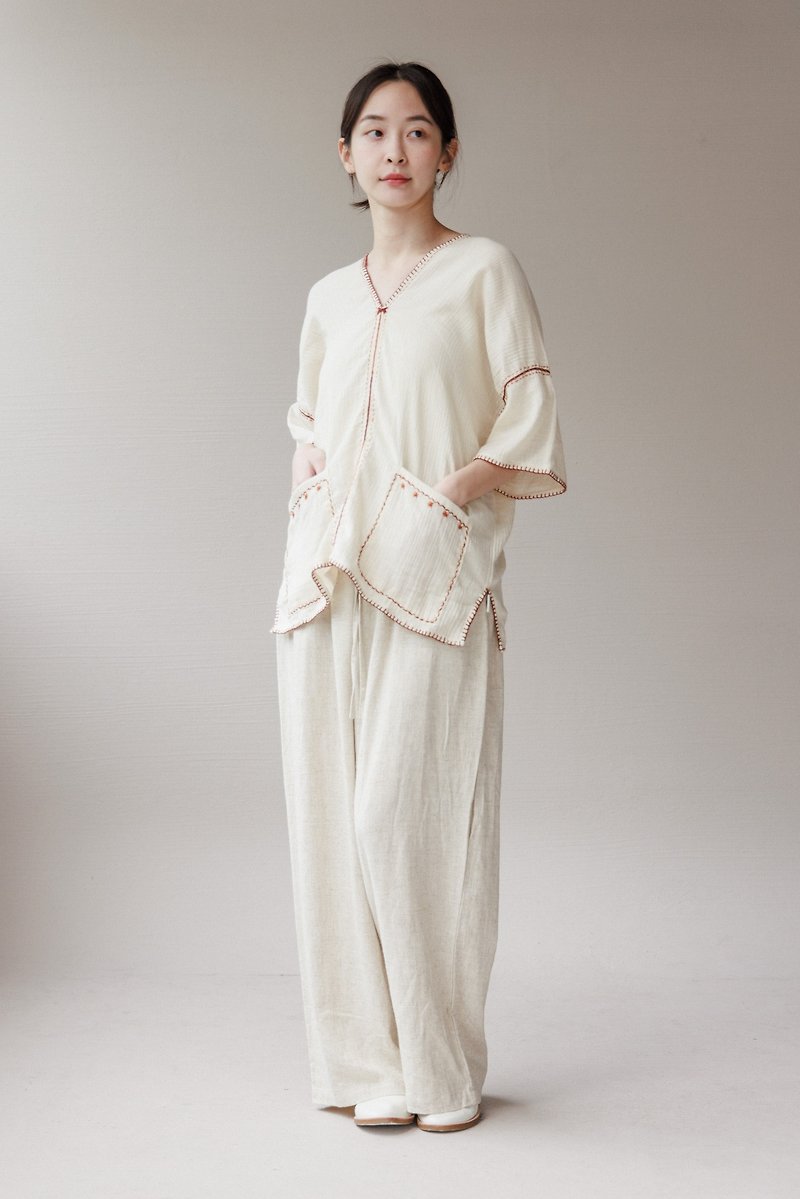 Cotton blend linen elasticated wide trousers - กางเกงขายาว - ผ้าฝ้าย/ผ้าลินิน ขาว