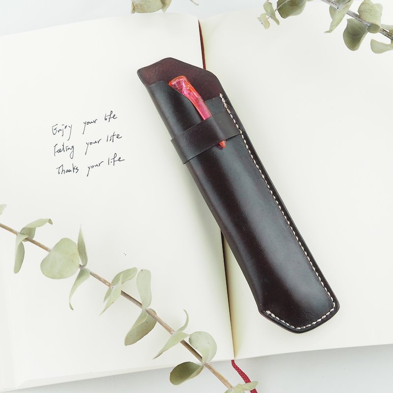 Leather pen case frank single pen case coffee red - กล่องดินสอ/ถุงดินสอ - หนังแท้ สีนำ้ตาล