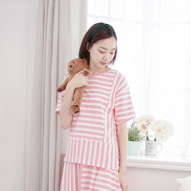 UMORFIL Collagen Stitching Short Sleeve Homewear-Striped Powder - Loungewear & Sleepwear - Cotton & Hemp Pink