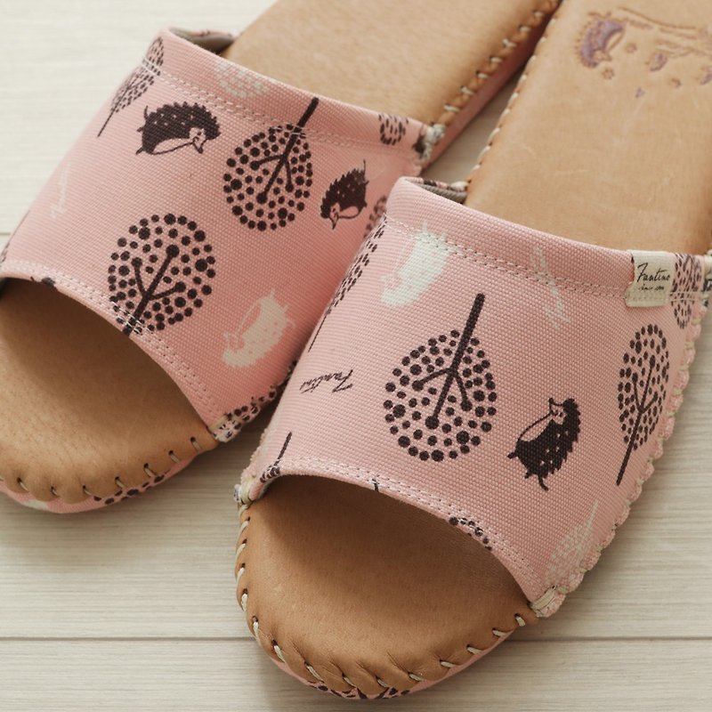 Hand-stitched leather indoor slippers - jungle hide-and-seek - (cherry powder) - รองเท้าแตะในบ้าน - หนังแท้ สึชมพู