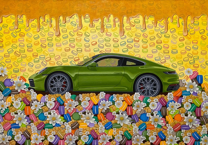 Sweet Drive, oil painting, oil on canvas, Porsche 911, sweets, daisy, car art - 壁貼/牆壁裝飾 - 其他材質 多色