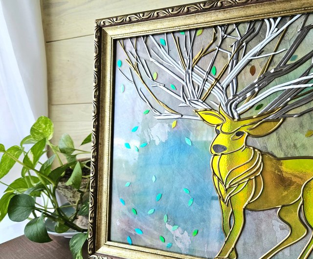 森の精霊 大鹿 グラスアート額入 - ショップ GlassArt RayColors