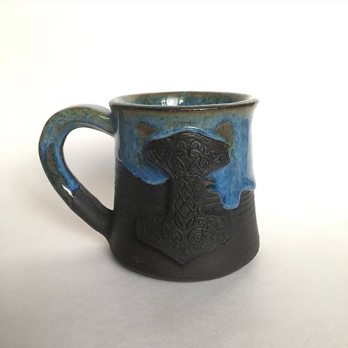 Reiter Crafts Thor Hammer Mjolnir black and blue dripping stoneware mug