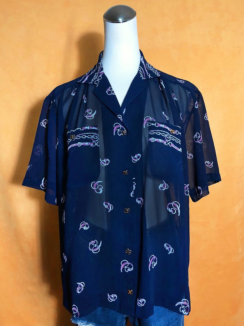Totem chiffon short-sleeved vintage shirt / brought back to VINTAGE abroad - เสื้อเชิ้ตผู้หญิง - เส้นใยสังเคราะห์ สีน้ำเงิน