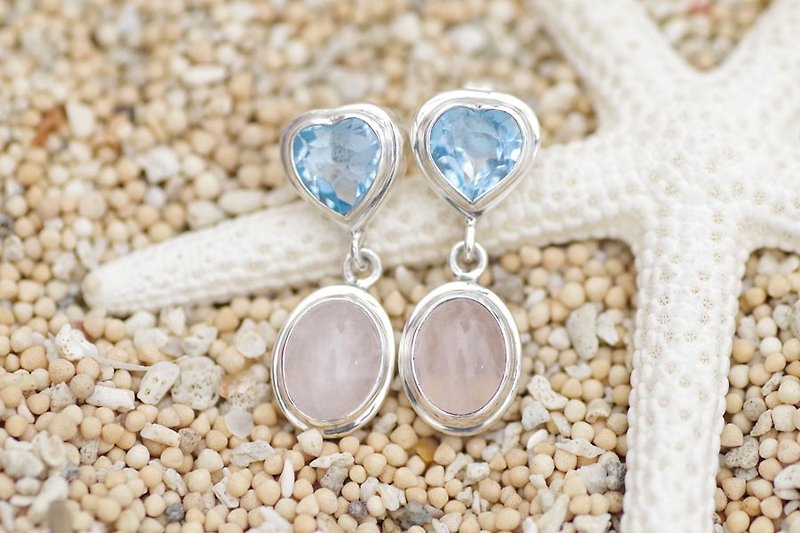 Sky blue topaz and rose quartz silver earrings - Earrings & Clip-ons - Stone Blue