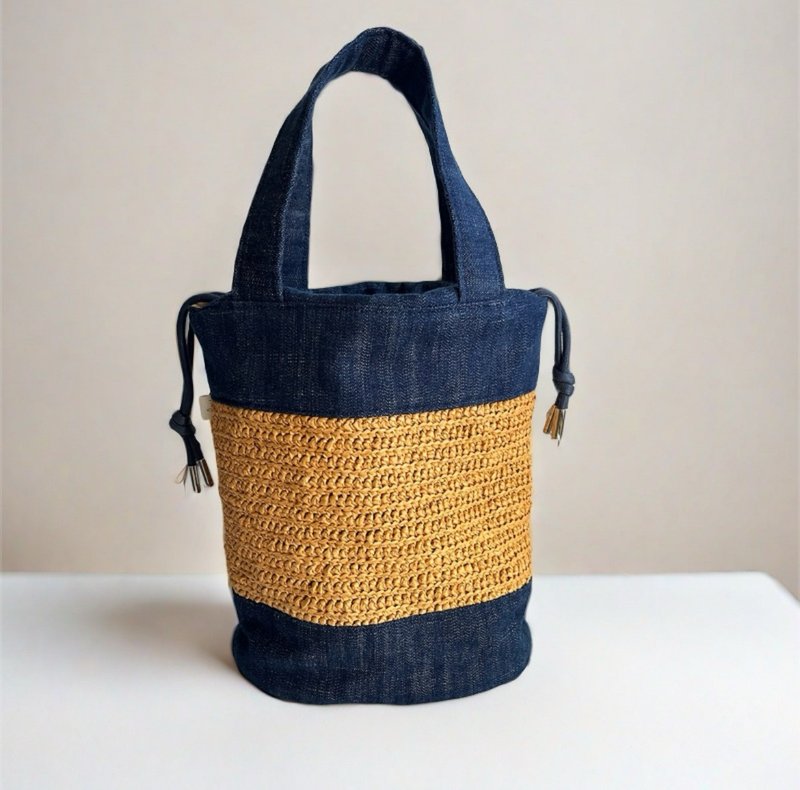 Raffia paneled denim tote bucket bag - Handbags & Totes - Paper Multicolor