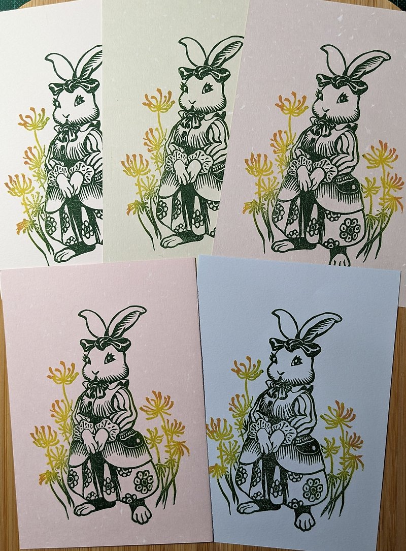 【Spring outing and picking flowers】Hand-printed postcard - การ์ด/โปสการ์ด - กระดาษ 