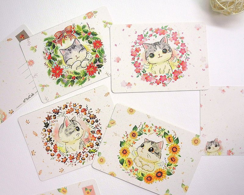 Old Style_Four Seasons Flower Meow Meow series postcards (four in total) - การ์ด/โปสการ์ด - กระดาษ หลากหลายสี