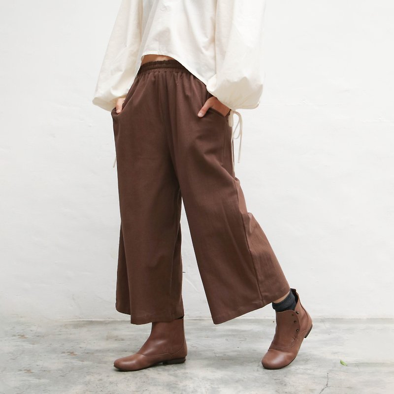 OMAKE textured pocket wide pants coffee - กางเกงขายาว - ผ้าฝ้าย/ผ้าลินิน สีนำ้ตาล