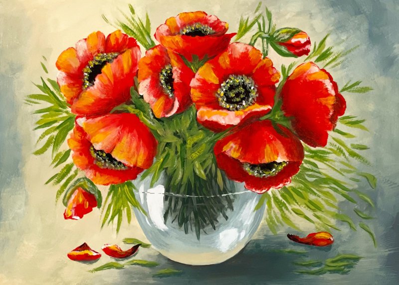 Scarlet poppies in a glass vase. Painting Gouache. - 壁貼/牆壁裝飾 - 紙 