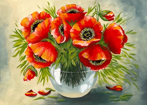 vernissage-VG-galery Scarlet poppies in a glass vase. Painting Gouache.