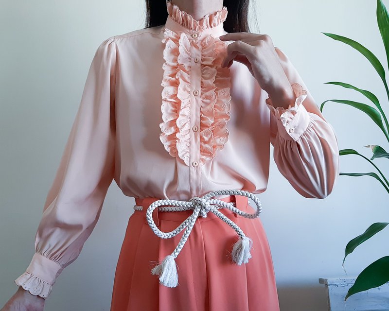 Vintage Orange Peach Blouse Ruffle With Puff Sleeve Blouse High Neck Collar - Women's Shirts - Polyester Orange