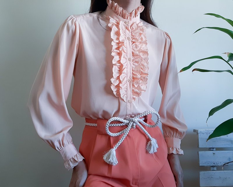 Vintage Orange Peach Blouse Ruffle With Puff Sleeve Blouse High Neck Collar - Women's Shirts - Polyester Orange