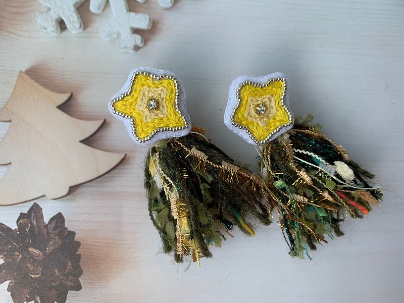 Christmas earrings/embroidery earrings/tassel earrings/Christmas tree tassel earrings with detachable tassels - Earrings & Clip-ons - Thread Yellow
