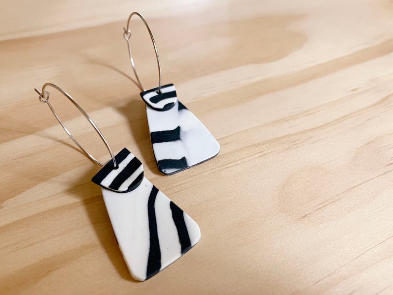 Earrings Series | Black and White Porcelain Hoop Earrings - Earrings & Clip-ons - Pottery White