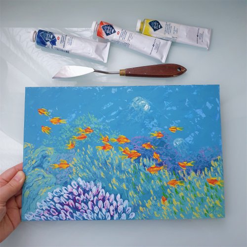 魚の絵サンゴオリジナルアート水中ウォールアートシーライフ油絵