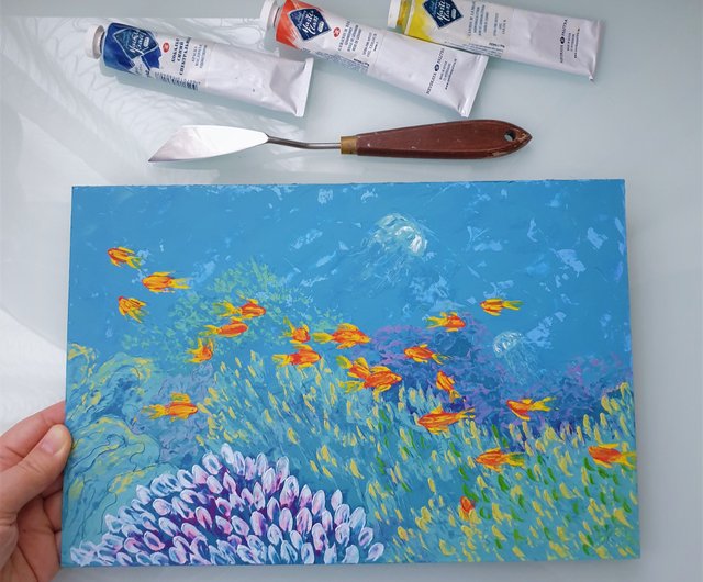 魚の絵サンゴオリジナルアート水中ウォールアートシーライフ油絵