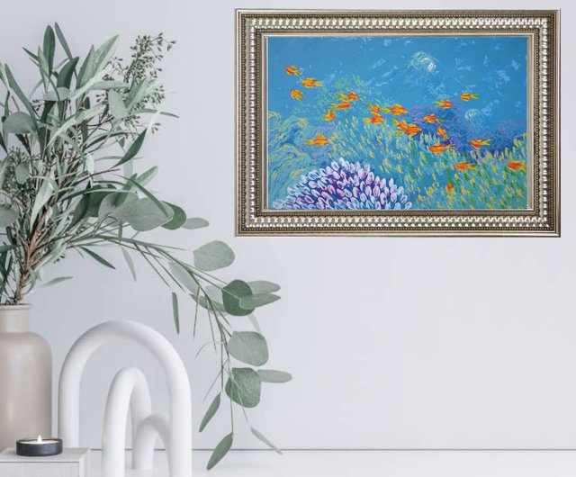 魚の絵サンゴオリジナルアート水中ウォールアートシーライフ油絵
