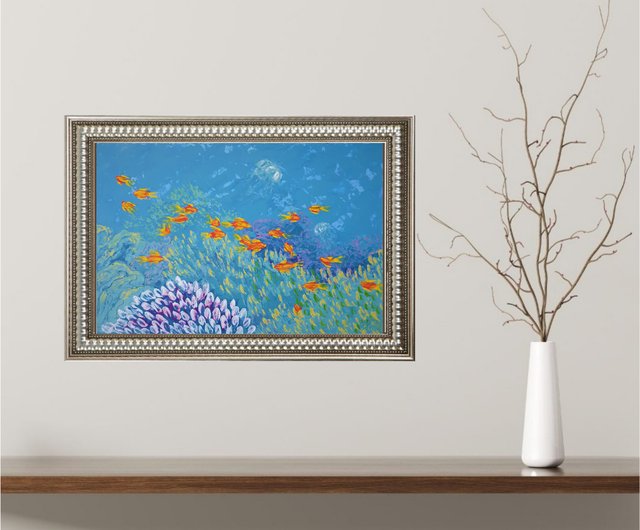 魚の絵サンゴオリジナルアート水中ウォールアートシーライフ油絵