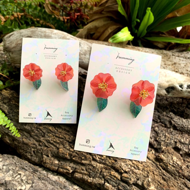 耳環 椿花 山茶花 樹脂 花 銀飾 耳夾 禮物 禮盒 手工 紅 情人節 - 耳環/耳夾/耳骨夾 - 繡線 多色